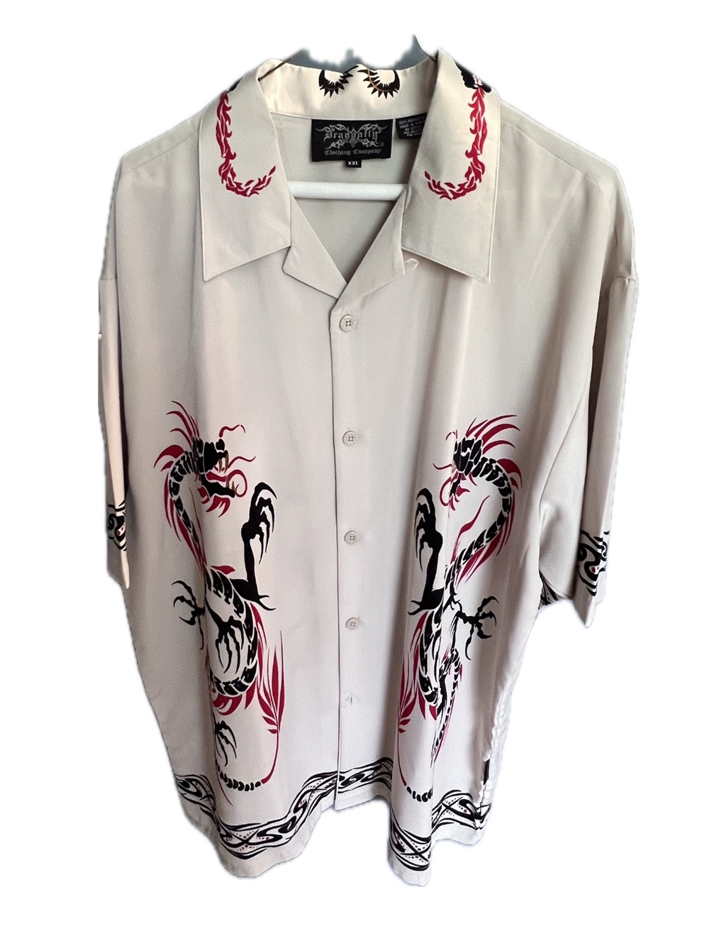 Dragonfly Beige Short-Sleeve Button-Down Shirt with Black & Red Dragon Print